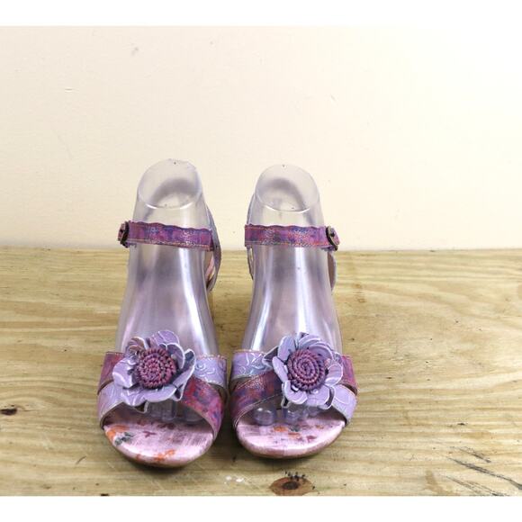 New L' Artiste Sandals 40 Leather Difi Floral Embellishment Gold Block Heel - Picture 3 of 12